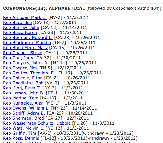 SOPA sponsors, on THOMAS