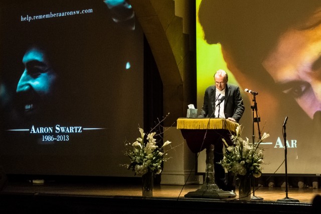 Edward Tufte speaks at Aaron Swartz's memorial on Jan. 19, 2013, in Cooper Union, NYC.
