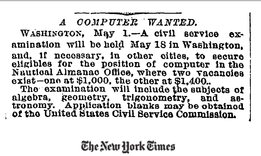 The first time "Computer" has appeared in the New York Times? (1892)