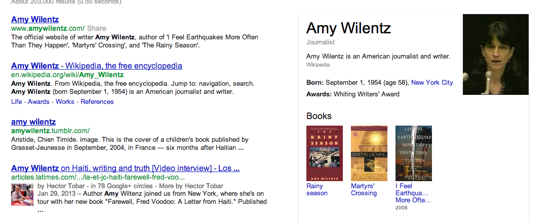 The Google search snippet for Amy Wilentz, post-death